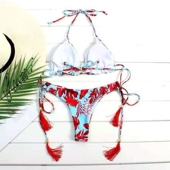 Floral bikini with tassels and Brazilian bottom - Picture 4 of 7